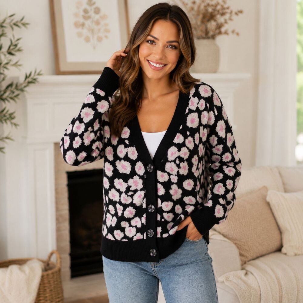 UGG Shaina Floral Cardigan Sweater L Black Pink Daisy Cottagecore Cozy Chic